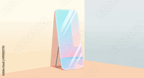 Minimalist full-length mirror reflecting soft pastel colors in a corner