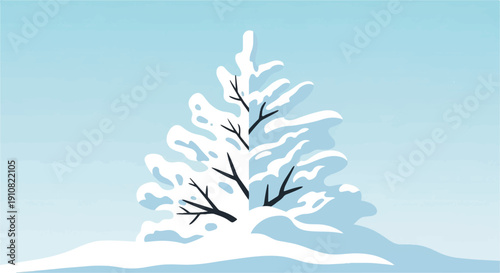 Minimalist snow-covered tree against a soft blue sky