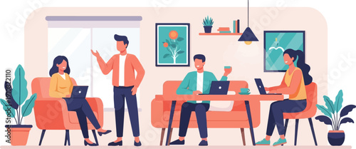 Modern office space with diverse people collaborating and working