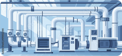 Industrial pipes and machinery system in a blue-toned graphic illustration