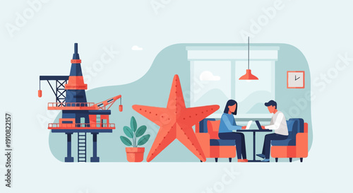 Industrial offshore platform meets cozy cafe setting with marine life