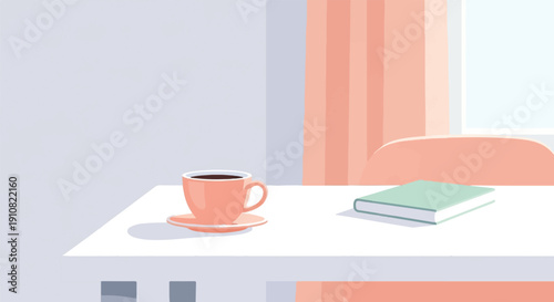 Minimalist table with coffee cup and book, soft colors, indoor scene