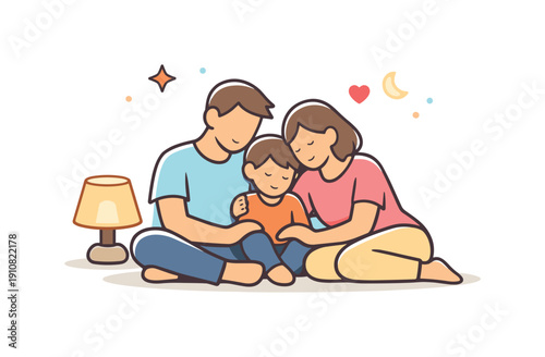 A tender scene depicts parents cuddling their young son, surrounded by soft light and celestial elements, symbolizing comfort and security