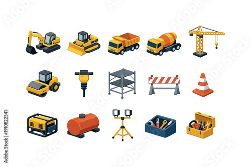 A diverse set of construction machinery, safety equipment, and tools depicted in a clean isometric style