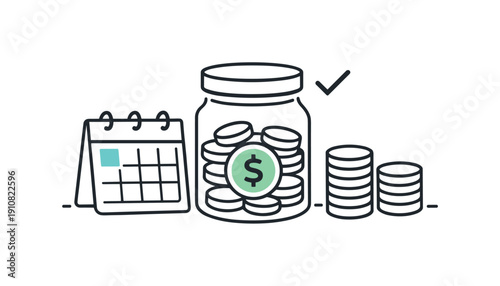 A simple line drawing depicts a calendar, a jar filled with coins, and stacks of coins, symbolizing financial planning and accumulation