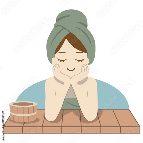 Woman Wrapped Towel Head Taking a Hot Spring Bath.