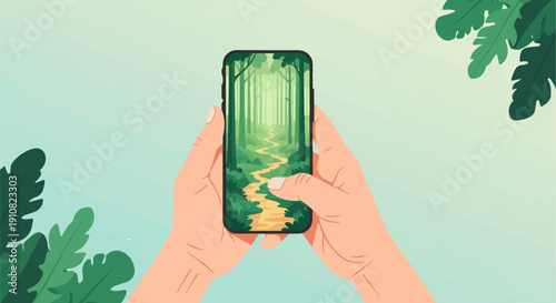 Hands hold a smartphone displaying a pixelated forest path