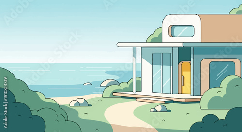 Modern seaside dwelling with a path leading to the ocean