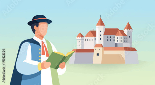 Man in traditional attire reads a book with a castle in the background