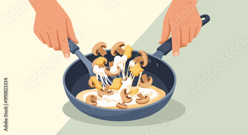 Hands flipping mushrooms and cheese in a frying pan, a gooey delight