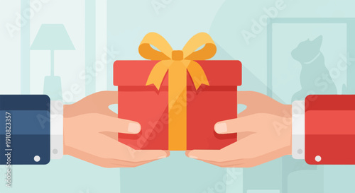 Hands exchanging a red gift box tied with a yellow ribbon, soft background
