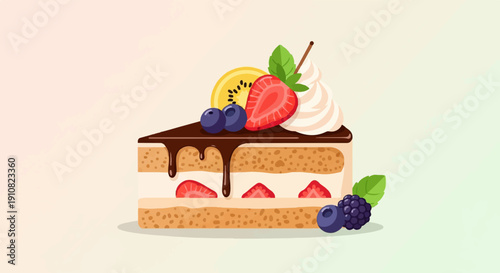 Layered dessert with chocolate, cream, strawberries, blueberries, kiwi, and blackberries