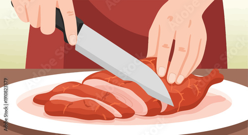 Hands carve roasted meat on a plate with a sharp knife