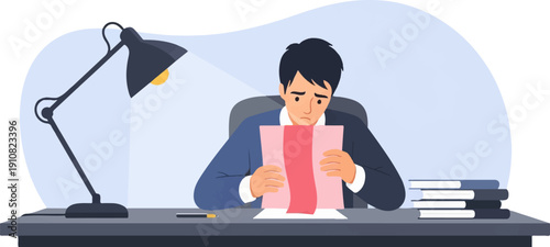 Man in suit looks stressed at desk with lamp and books