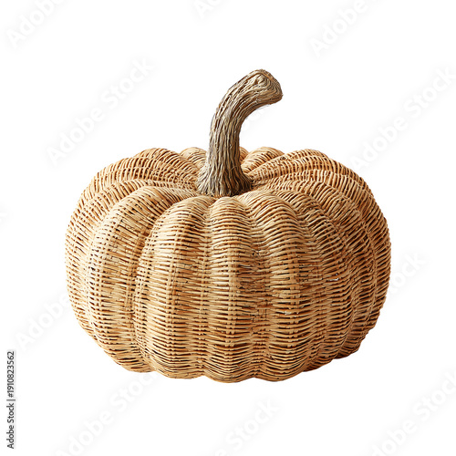 Rattan pumpkin with natural brown stem, rustic autumn decoration, isolated on white