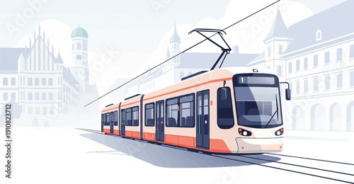 Modern tram glides through a historic cityscape with muted buildings