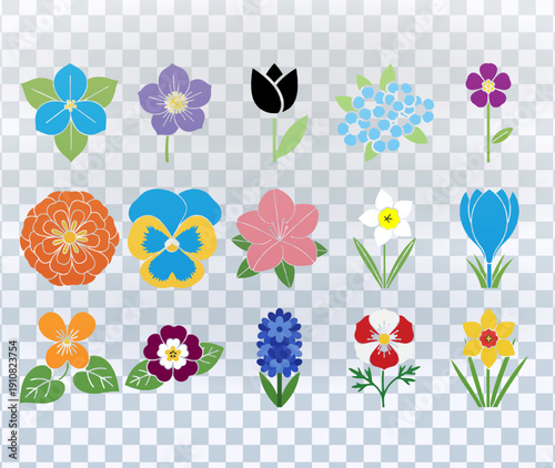 Vector icon set of various colorful flowers on a transparent background. Flat design floral collection for spring. Botanical illustrations of pansies and daffodils