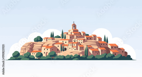 Hillside village with terracotta roofs and cypress trees under a pale sky