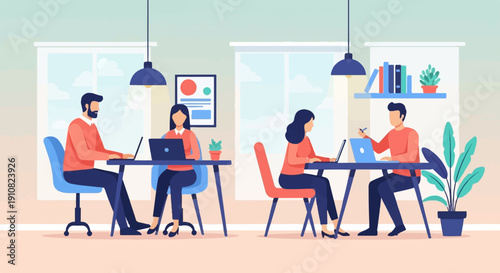 Office workers collaborate around desks, focused on laptops