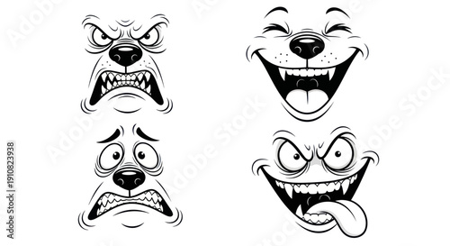 Cartoon Dog Faces Expressing Different Emotions - Anger, Joy, Fear, Mischief
