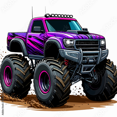 Powerful purple monster truck with massive off road tires.