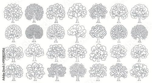 Collection of Hand-Drawn Tree Silhouettes, Diverse Leafy Styles