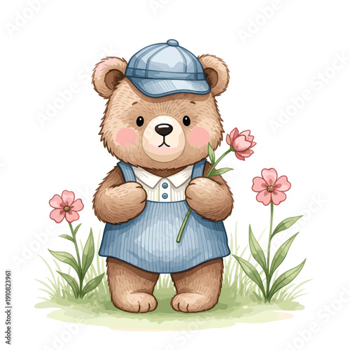 Cute watercolor illustration of a brown bear wearing a blue cap and overalls, holding a pink flower in a grassy field with other blossoms.