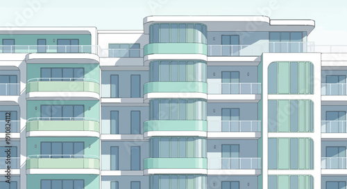Modern apartment building with balconies and rounded glass elements