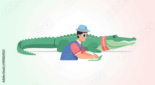 Man in hat with sunglasses writes on tablet near a green alligator