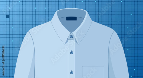 Light blue collared shirt with three buttons and a pocket on a grid background