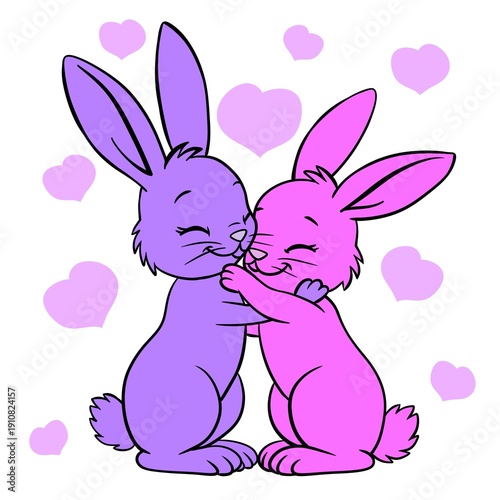 Two cute bunnies hugging. Pink and purple rabbits with hearts on a white background. Illustration for Valentine's Day and Easter.