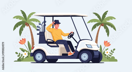Man in hat driving a golf cart with palm trees and flowers
