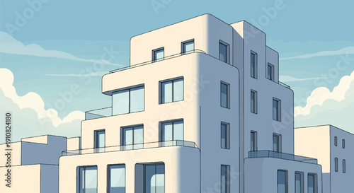 Modern apartment buildings with balconies against a blue sky with clouds