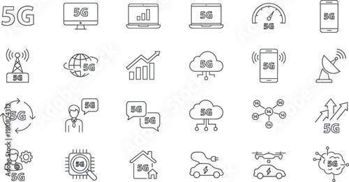 5G technology line icon set showing network speed connectivity cloud devices data transmission smart systems vector illustration