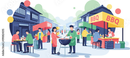 Lively outdoor street market with people enjoying BBQ at food stalls