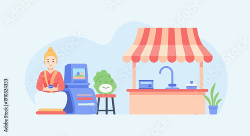 Monk with arcade game and food stall, whimsical illustration