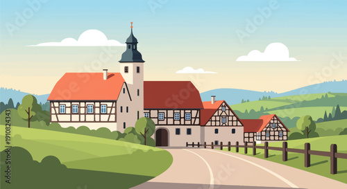 Historic village with traditional timber-framed houses nestled in rolling green hills