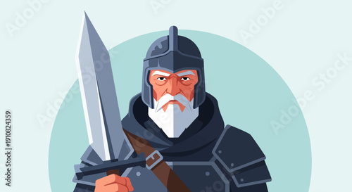 Old warrior with gray beard and armor, holding a sword