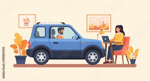 Man driving blue car, woman works on laptop in cozy room