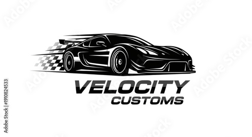 Sleek Sports Car Silhouette with Speed Lines and Checkered Flag.