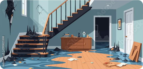 Interior scene of a home hallway after a disaster with water and soot