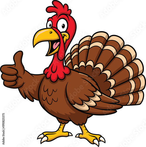 Cheerful Cartoon Turkey Character Giving a Thumbs Up with Spread Tail Feathers for Thanksgiving Holiday Celebration and Autumn Seasonal Marketing