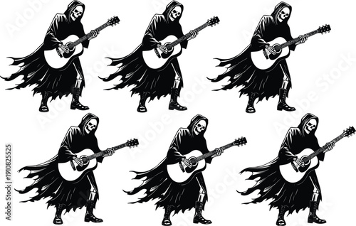 Grim reaper skeleton playing acoustic guitar gothic horror musician vector illustration isolated spooky character collection set