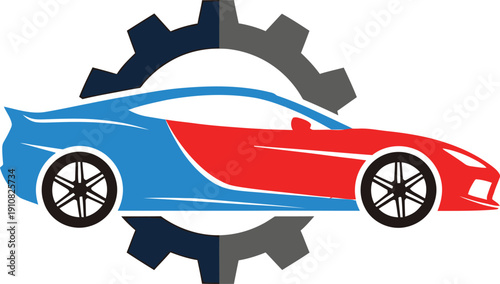 Blue and red sports car profile with a gear in the background representing auto repair Vector