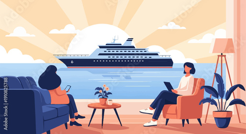 Interior view of a room with people observing a large ship at sea during sunset