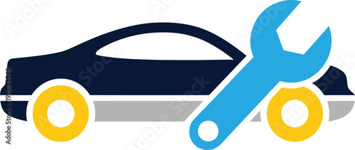 Car repair service icon with a dark blue vehicle body yellow wheels and a light blue wrench Vector