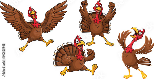 Funny Cartoon Turkey Character Set with Various Expressive Poses for Thanksgiving Celebration Fall Autumn Season Mascot Vector Illustration Design Elements
