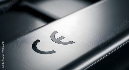 Minimalist CE marking on a polished metal surface for tech, engineering, and industrial concepts