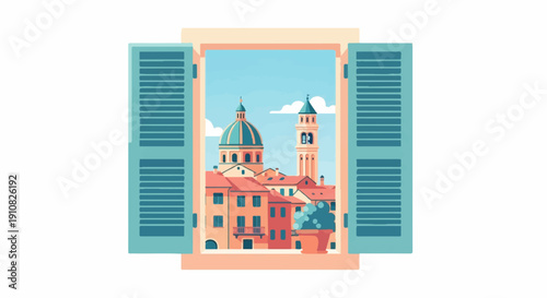 Open shutters reveal a picturesque Italian town with domes and towers