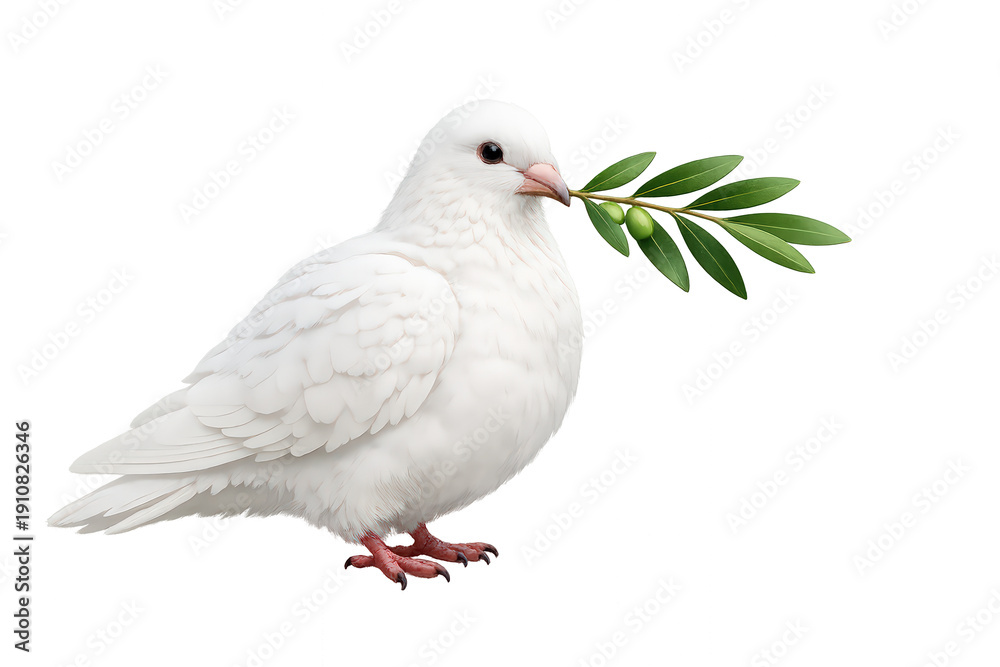 Fototapeta premium White dove holding an olive branch symbolizing peace, freedom, hope, and new beginnings on transparent background